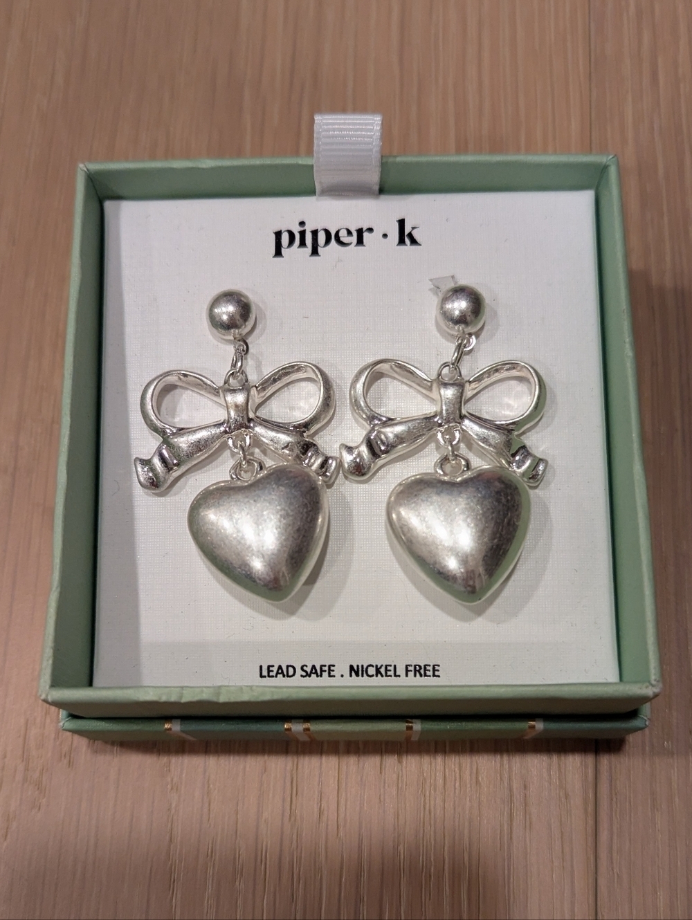 piper·k Silver Bow & Heart Drop Earrings